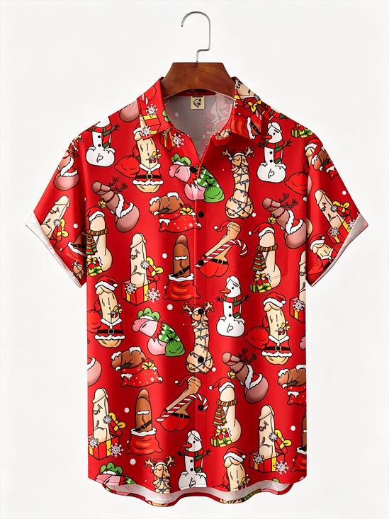 Moisture-Wicking Novelty Christmas Chest Pocket Hawaiian Shirt