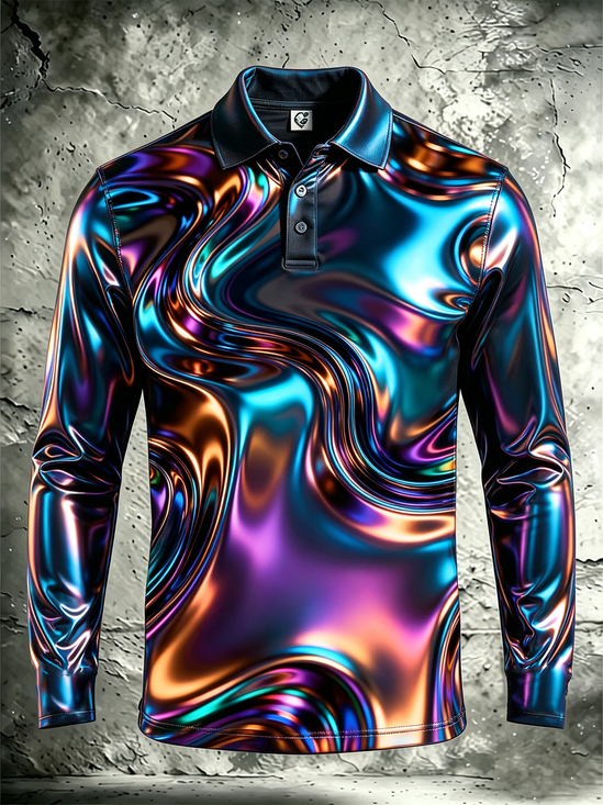 Moisture-Wicking Gradient 3D Abstract Design Iridescent Geometric Color Blocks Long-Sleeve Hawaiian Golf Polo