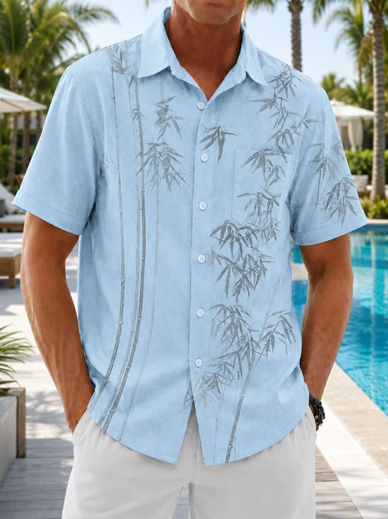 Linen-Texture Solid-Color Bamboo & Leaf Print  Chest Pocket Casual Shirt