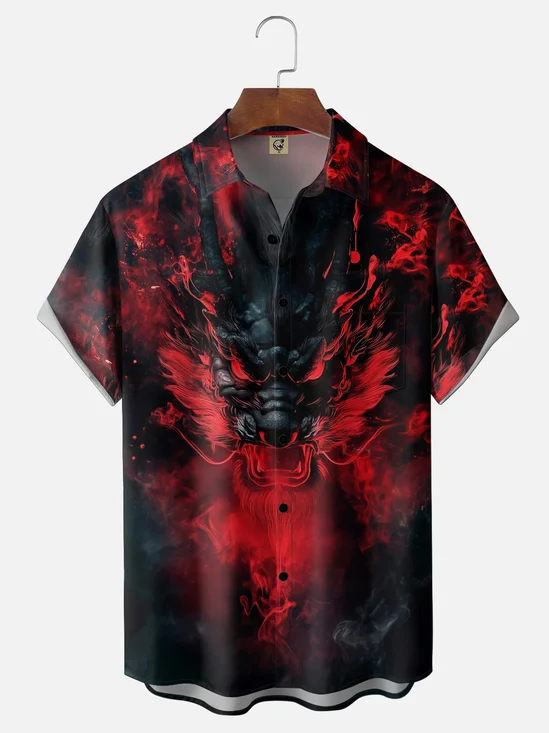 Moisture-Wicking Abstract Dragon Rooster Print Chest Pocket Hawaiian Shirt
