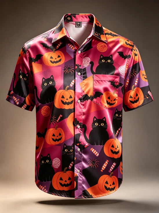 Silk Satin Breathable Halloween Black Cat Pumpkin Spider Candy Chest Pocket Hawaiian Shirt