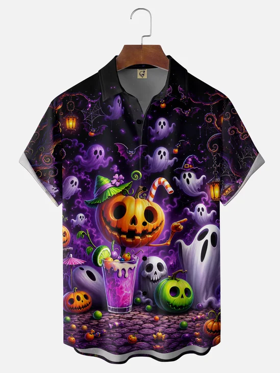 Moisture-Wicking Halloween Pumpkin  Ghost Cocktail Party Chest Pocket Hawaiian Shirt