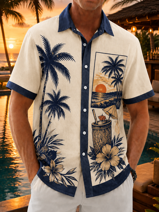 Linen-Texture Color-Block Tropical Coconut Tree Print and Chest Pocket  Casual Shirt