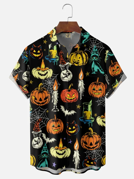Moisture-Wicking Gradient Halloween Pumpkin Spiderweb Candle Print Chest Pocket Hawaiian Shirt