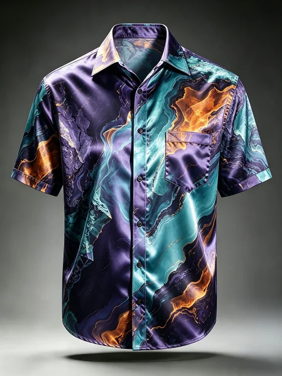 Silk Satin Breathable Gradient 3D Abstract Marble Chest Pocket Hawaiian Shirt