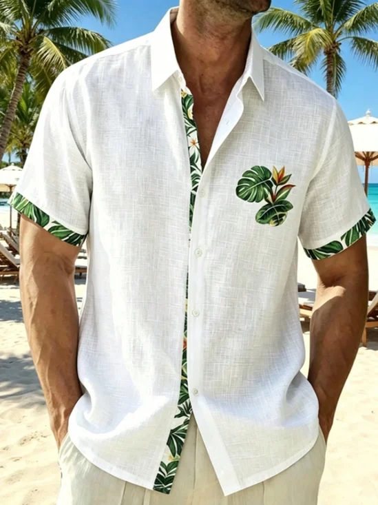 Linen-Texture Color-Block Tropical Print  Casual Shirt