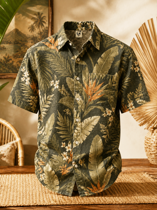 Linen-Texture Tropical Floral Chest Pocket  Casual Shirt