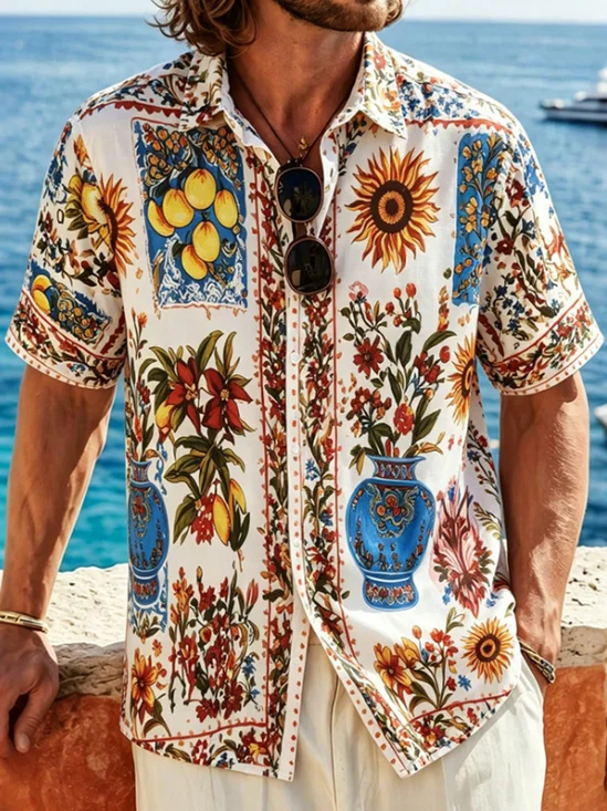 Linen-Texture Mediterranean Geometric Floral & Botanical Print Casual Shirt