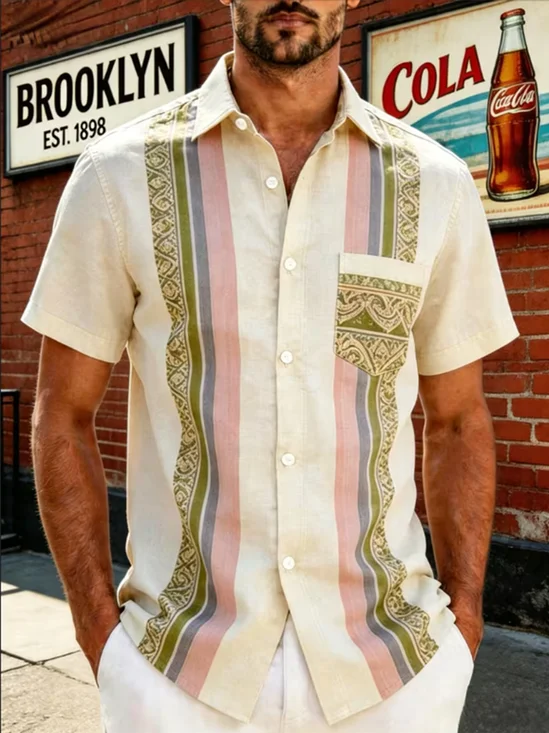 Linen-Texture Striped Geometric Botanical Print Chest Pocket Guayabera Shirt