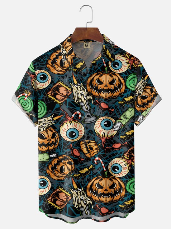 Moisture-Wicking Halloween Eyeball Pumpkin Candy Print Chest Pocket Hawaiian Shirt