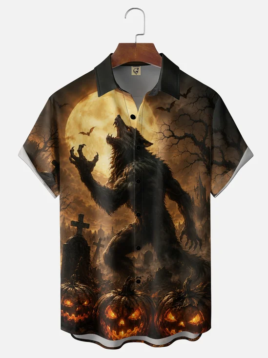Moisture-Wicking Halloween Pumpkin Ghost Cocktail Party Chest Pocket Hawaiian Shirt