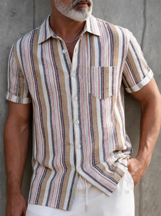 Linen-Texture Geometric Stripe Chest Pocket Casual Shirt