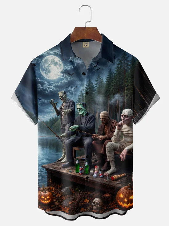 Moisture-Wicking Halloween Monsters Fishing Party Chest-Pocket Hawaiian Shirt