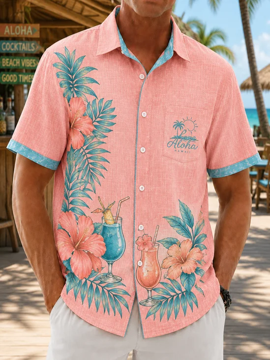 Linen-Texture Tropical Floral Print Chest Pocket Casual Shirt