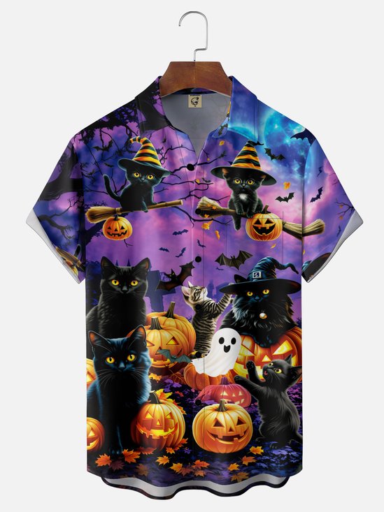 Moisture-Wicking  Black Cats Halloween Hats And Pumpkins Chest Pocket Hawaiian Shirt