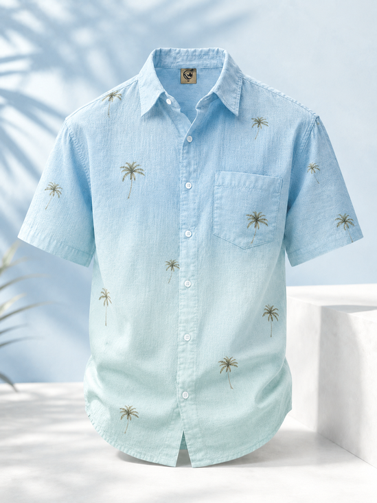 Linen-Texture Gradient Palm Tree Chest Pocket Casual Shirt