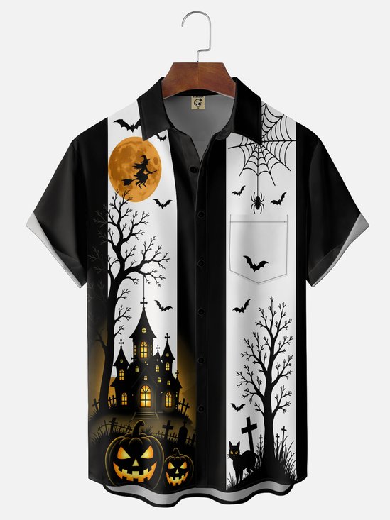 Moisture-Wicking Gradient Halloween-Themed Featuring Castle Black Cat And Spiderweb Designs  Chest Pocket  Hawaiian Shirt