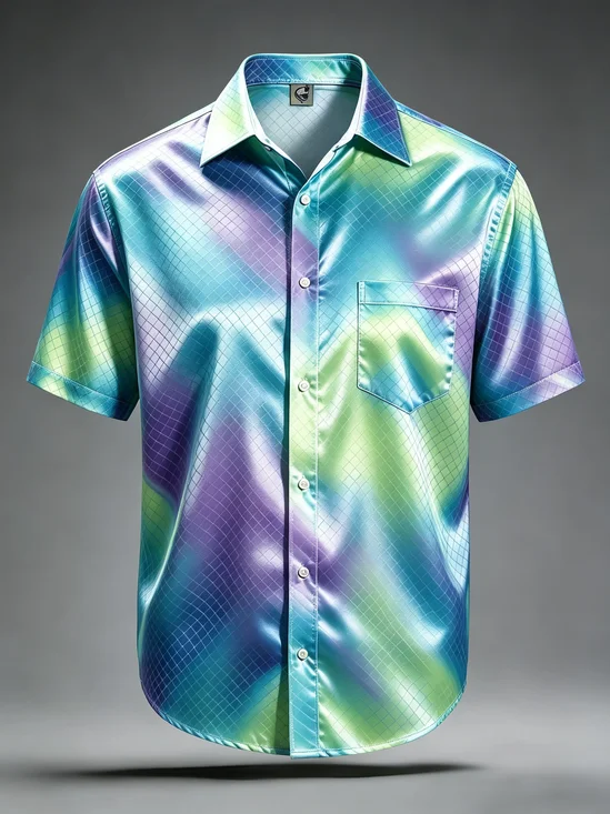 Silk Satin Breathable Gradient 3D Abstract Geometric Print Chest Pocket Hawaiian Shirt