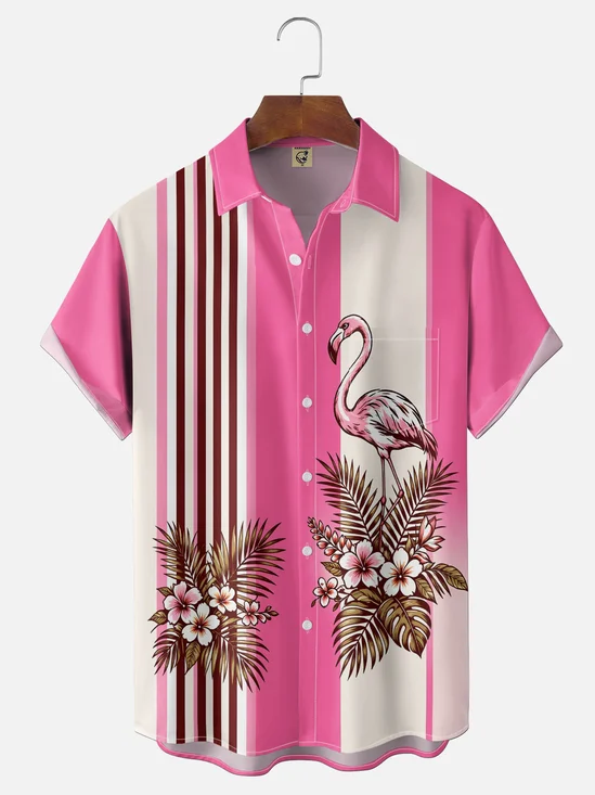 Moisture-Wicking Tropical Leaf Flamingo Geometric Chest Pocket Bowling Shirt