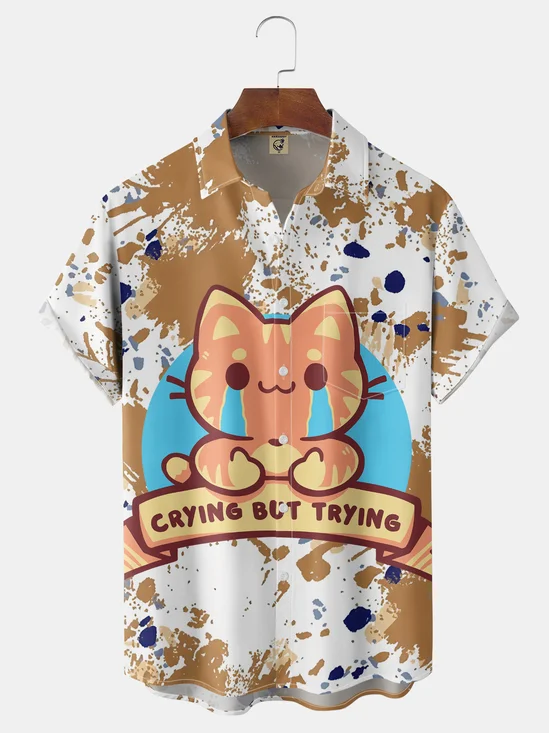 Hardaddy X Techranova Moisture-wicking Crying Cat Chest Pocket Hawaiian Shirt