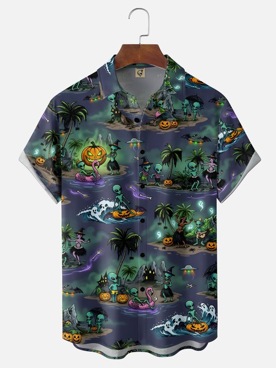 Moisture-Wicking Halloween Alien Palm Tree Pumpkin Skull Chest Pocket Hawaiian Shirt