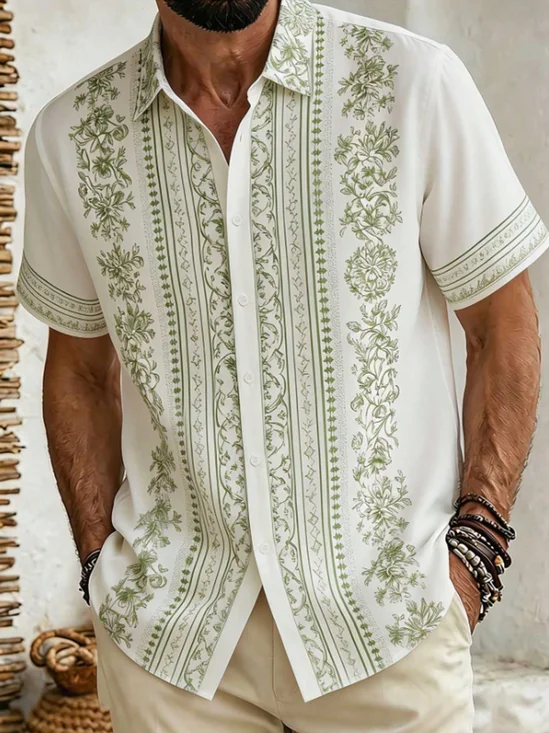 Linen-Texture Striped Geometric & Botanical Floral Print  Casual Shirt