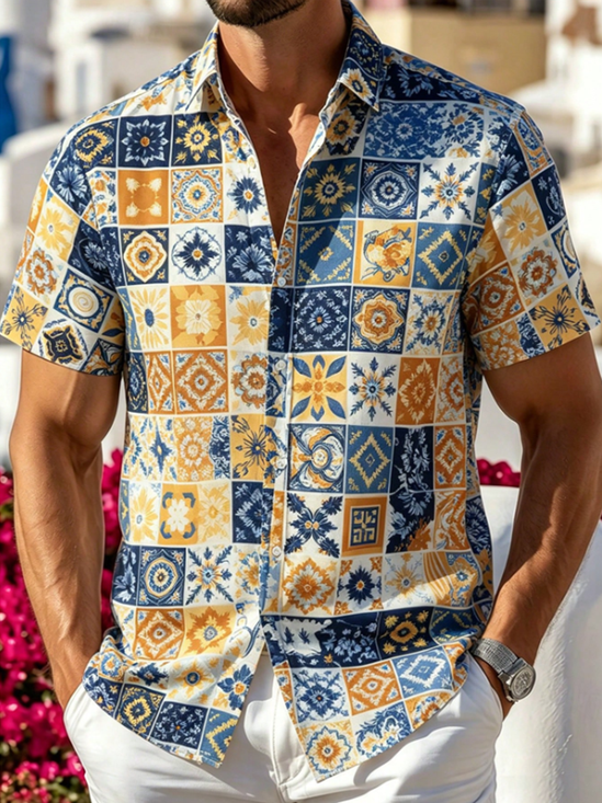 Linen-Texture Mediterranean Geometric Floral & Botanical Print Casual Shirt