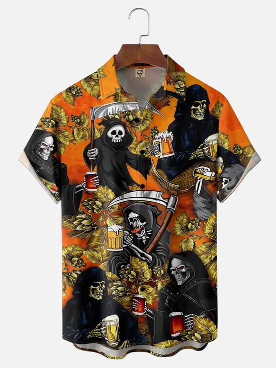 Moisture-Wicking Halloween Beer & Grim Reaper Ghost Print Chest Pocket  Hawaiian Shirt