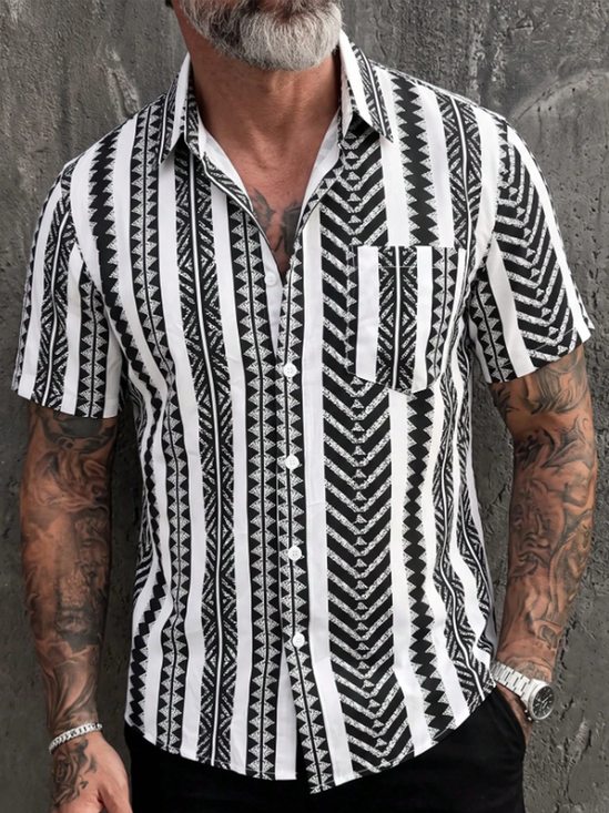 Linen-Texture Geometric Stripe Chest Pocket Casual Shirt