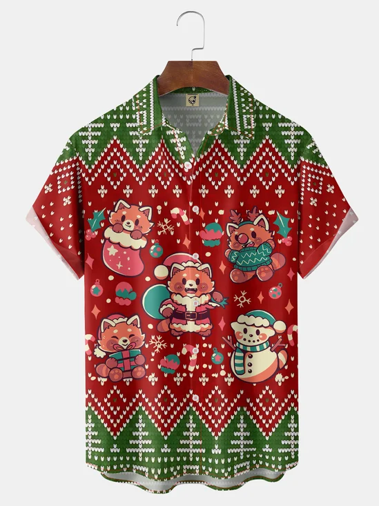 Hardaddy X Techranova Moisture-wicking Christmas Red Panda Chest Pocket Hawaiian Shirt