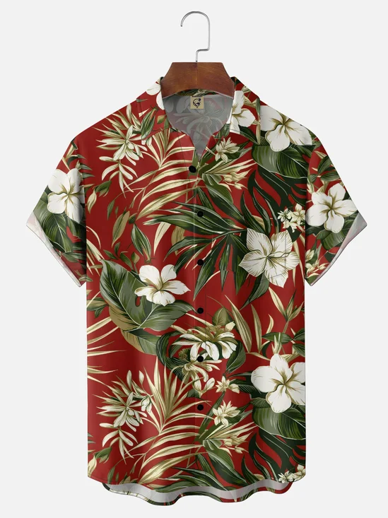 Moisture-Wicking Tropical Floral Chest Pocket Hawaiian Shirt