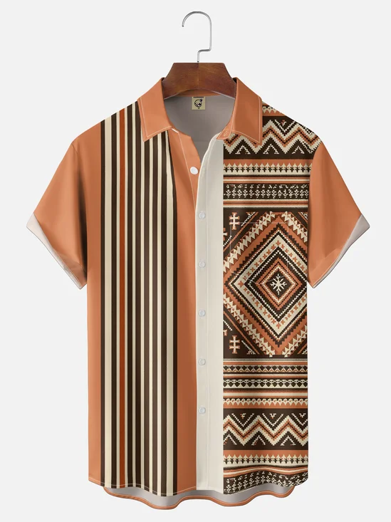 Moisture-Wicking Geometric Ethnic Chest Pocket Bowling Shirt