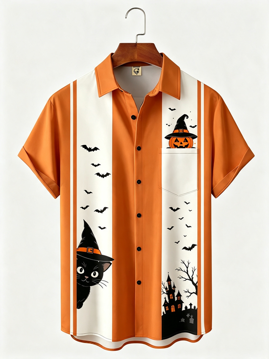Moisture-Wicking Halloween Pumpkins Witch Hats Black Cats Bats  Chest Pocket Bowling Shirt