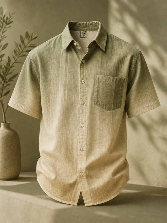 Linen-Texture Abstract Gradient Chest Pocket Casual Shirt