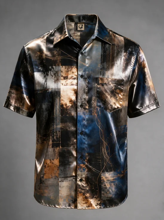 Breathable Silk Satin Abstract Oil Painting Blocks Plaid Geometry Chest Pocket Casual Shirt