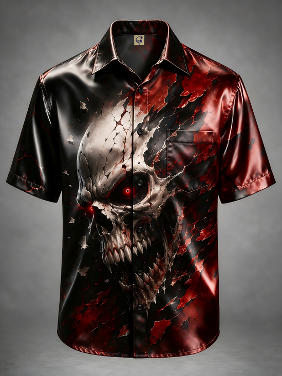 Breathable Silk Satin Skull Crack Chest Pocket Halloween Shirt