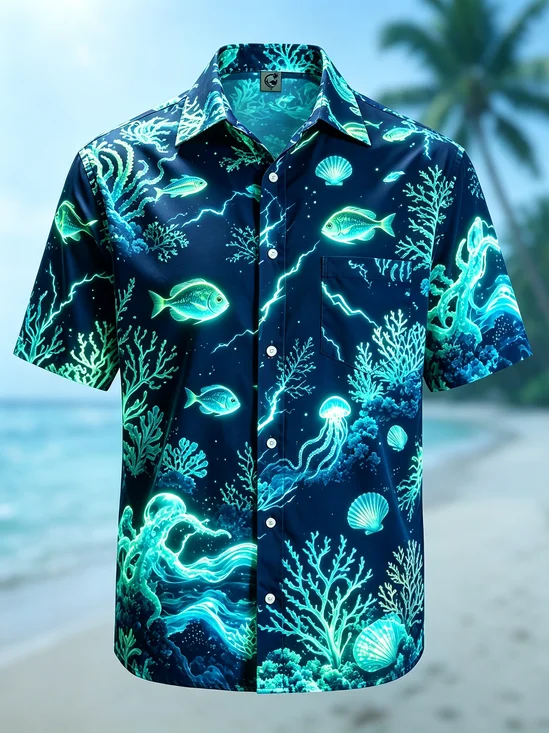 Moisture-Wicking Gradient  Marine Life Fish Jellyfish Coral Chest Pocket  Hawaiian Shirt