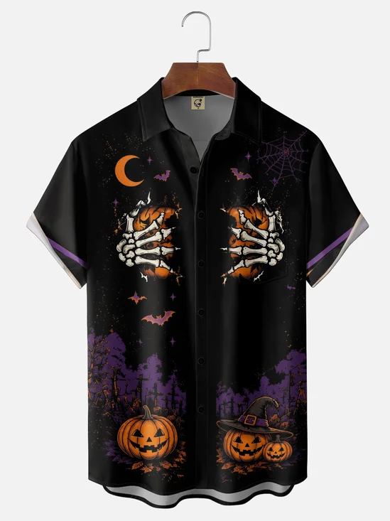 Moisture-Wicking Halloween Skull In Hat & Pumpkin Chest Pocket Hawaiian Shirt