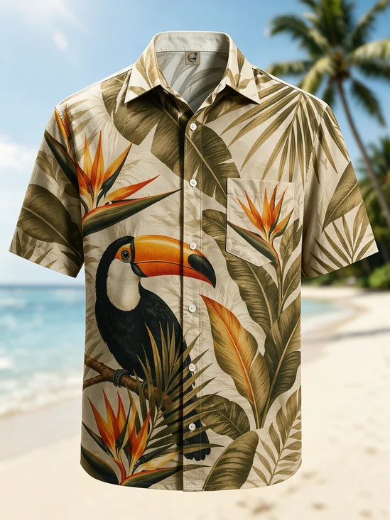 Moisture-Wicking Tropical Toucan Bird Banana Leaves Palm Leaves Chest Pocket Hawaiian Shirt