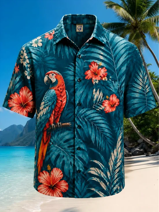 Moisture-Wicking Palm Leaves Tropical Parrots Hibiscus Chest Pocket Hawaiian Shirt