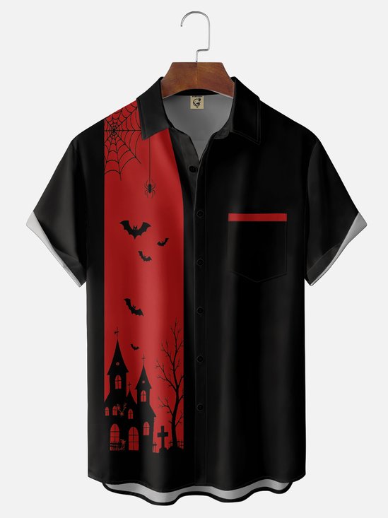 Moisture-Wicking Gradient Halloween-Themed Featuring Castle Spiderweb Bat And Geometric Patterns  Chest Pocket  Bowling Shirt