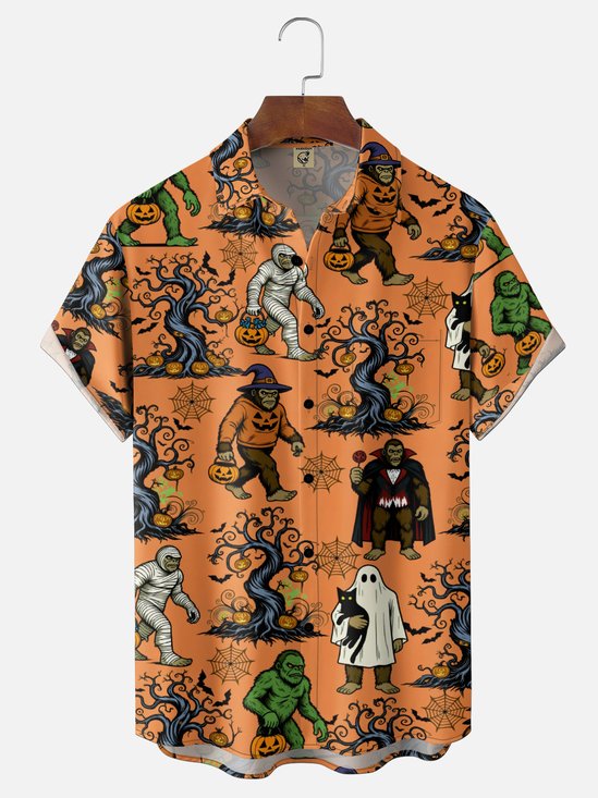 Moisture-Wicking Halloween Bigfoot Spiderwebs Halloween Hats And Pumpkins Chest Pocket Hawaiian Shirt