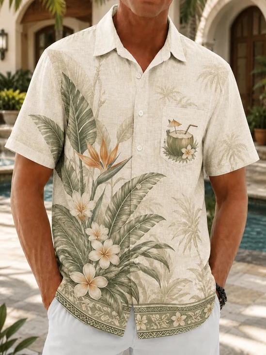Linen-Texture Tropical Floral Print Chest Pocket Casual Shirt
