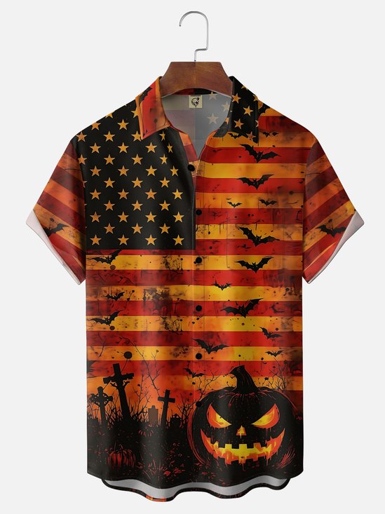 Moisture-Wicking Gradient Halloween Pumpkin US Flag Bat Print Chest Pocket Hawaiian Shirt