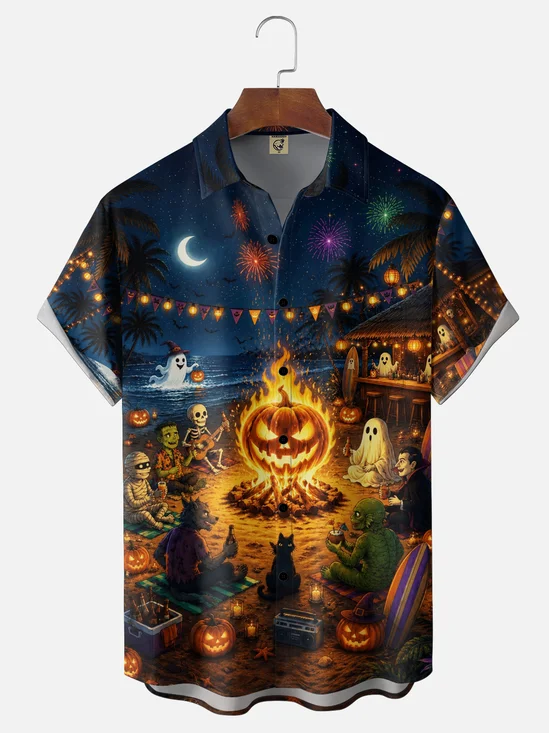 Moisture-Wicking Halloween Monsters Beach Party Chest Pocket Hawaiian Shirt