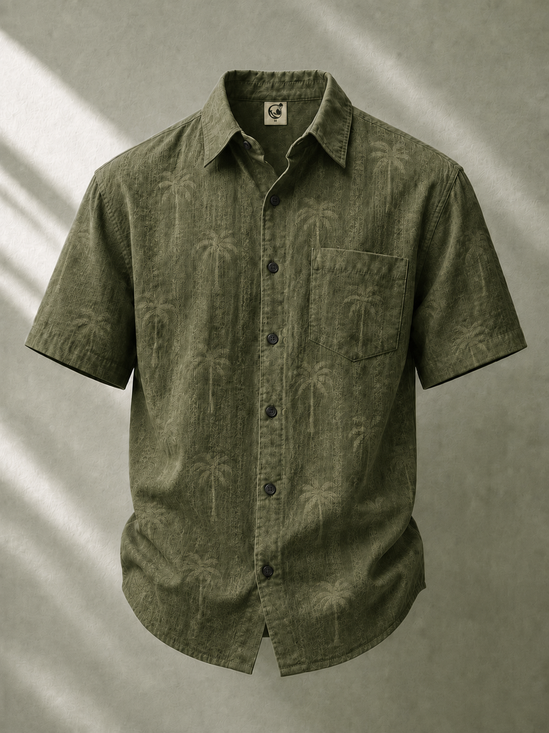 Linen-Texture  Palm Coconut Tree Print  Chest Pocket Casual Shirt
