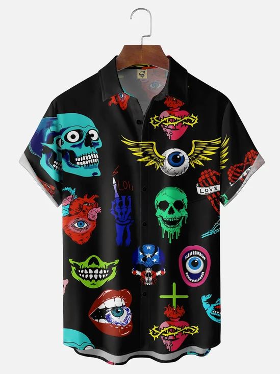 Moisture-Wicking  Psychedelic Rock & Gothic Skull Harajuku-Style Chest Pocket Hawaiian Shirt