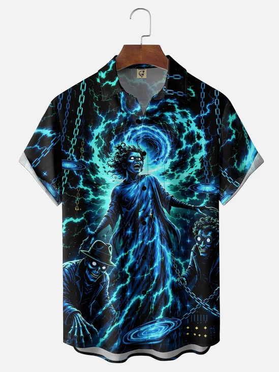 Moisture-Wicking Electric Nightmare Halloween Science Monster Chest Pocket Hawaiian Shirt