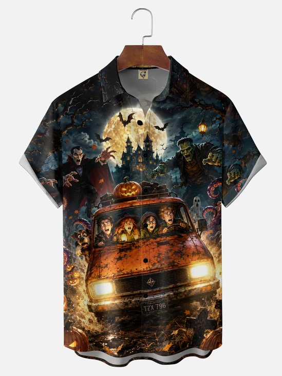 Moisture-Wicking Spooky Night with Halloween Monsters Chest Pocket Hawaiian Shirt