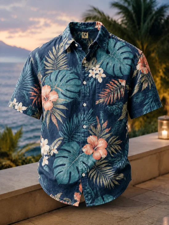 Linen-Texture Tropical Floral Chest Pocket Casual Shirt